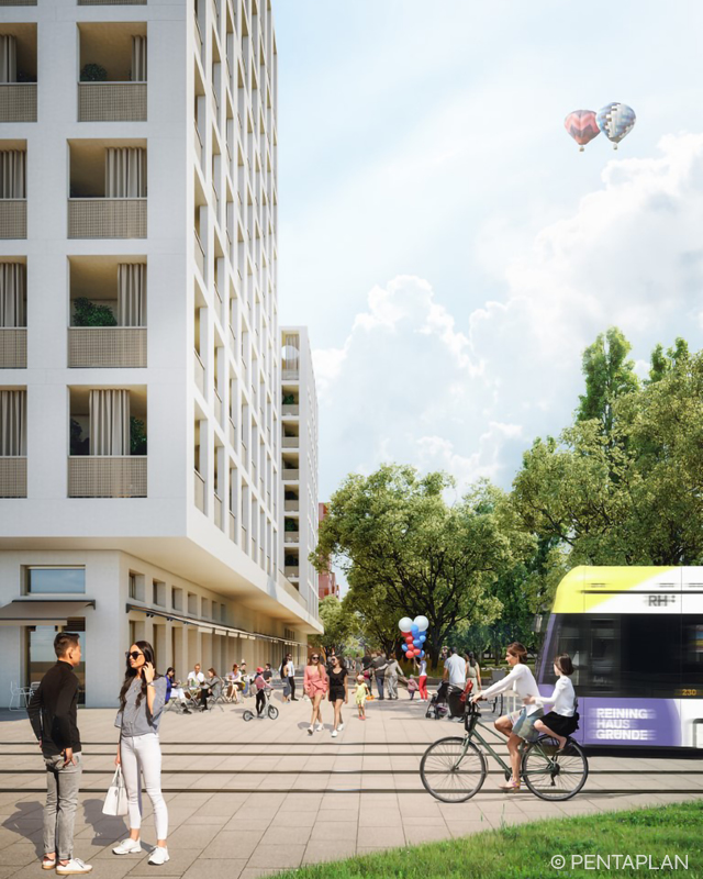 Hochhäuser in Reininghaus mit Bim und Menschen 