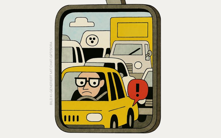 Ein Auto im Stau, der Autofahrer findet das nicht lustig. Comicdarstellung.