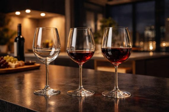 Drei Gläser, von leer bis halb voll.