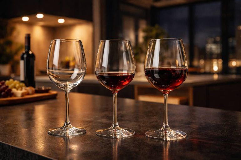 Drei Gläser, von leer bis halb voll.